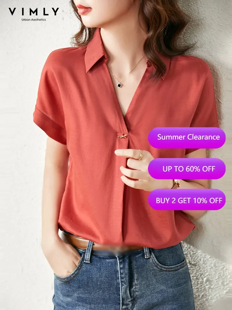

Модная блузка VIMLY в Корейском стиле для женщин, Новинка лета 2022, элегантный однотонный Свободный Топ с коротким рукавом и V-образным вырезом ...