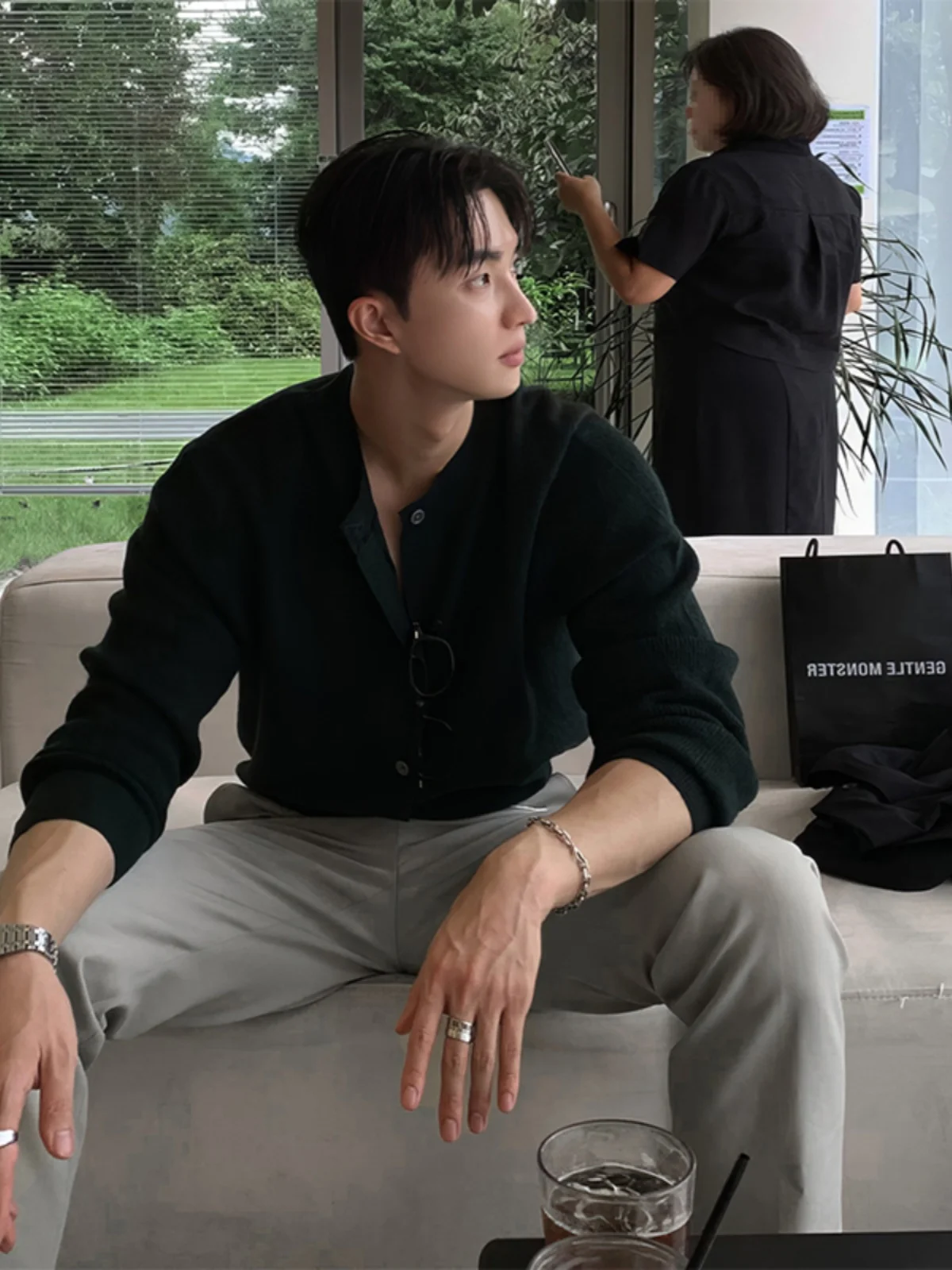 Свитер мужской с воротником Генри вязаный кардиган в английском стиле