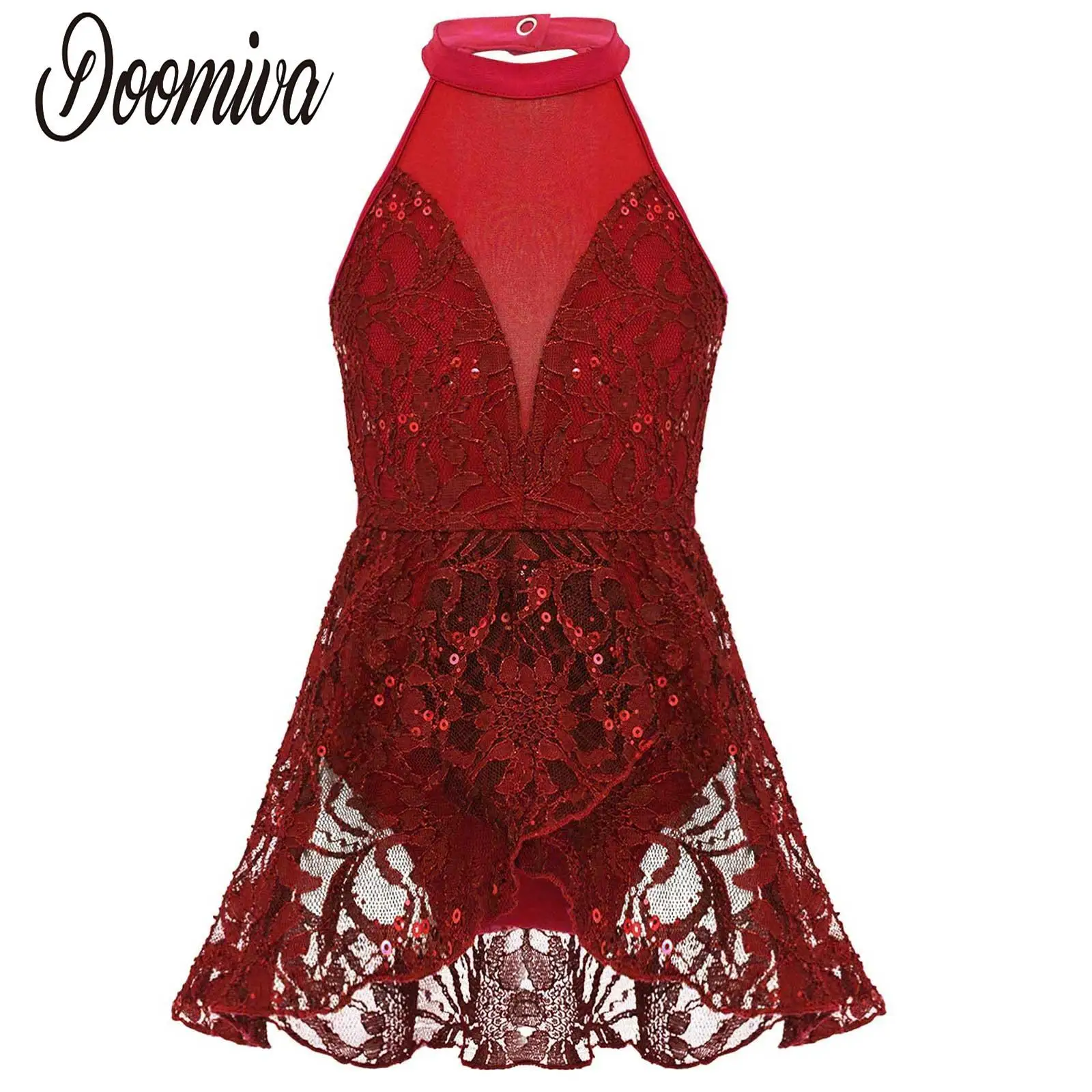 

Sequins Gymnastic Leotard Ballet Dress Girls Kids Sleeveless Figure Ice Skating Dress Lace Mesh Cutouts Back Tutu Dance Leotards
