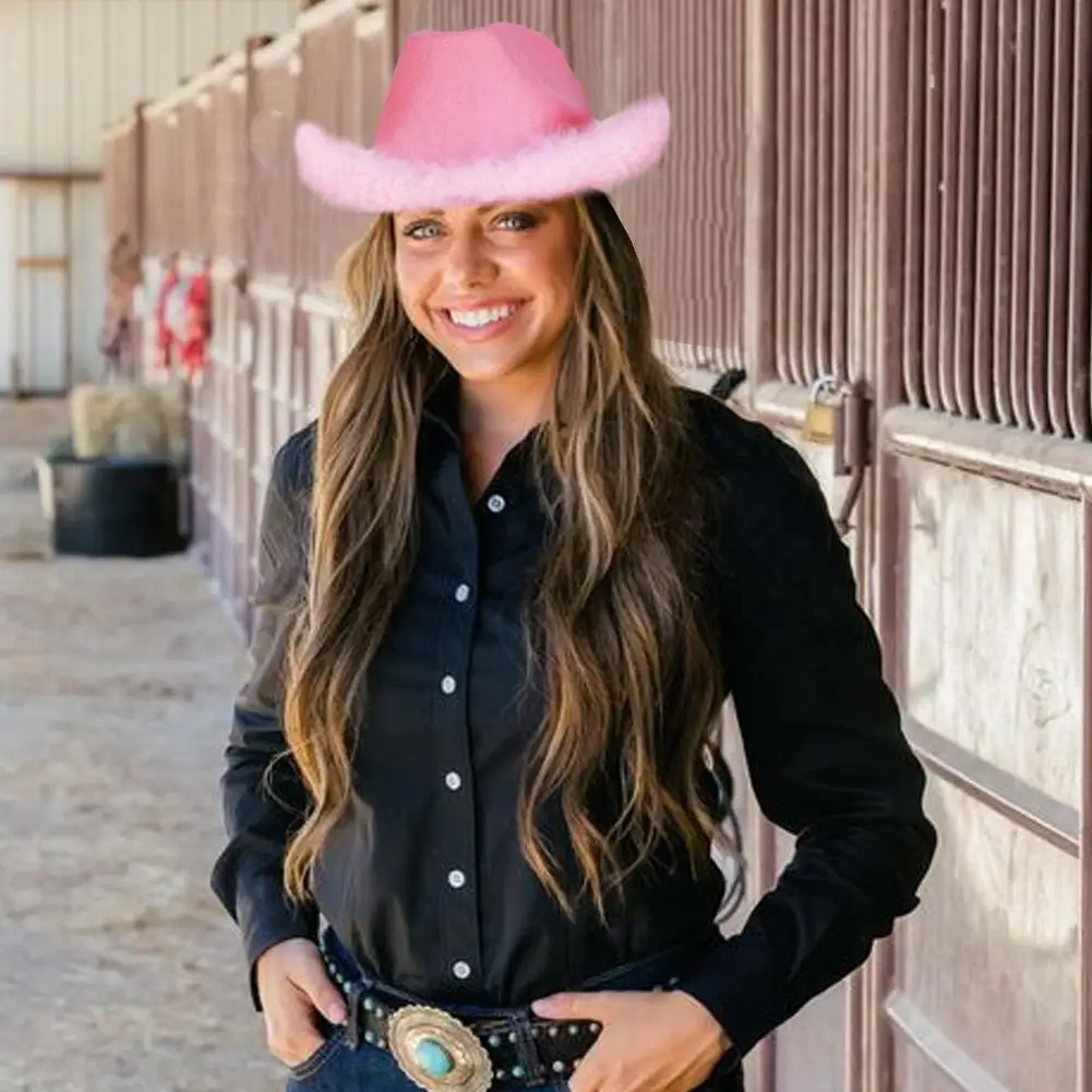

Pink Edge Cowboy Hat For Women Girl Rolled Fedora Caps Feather Edge Beach Cowboy Hat Party Cap