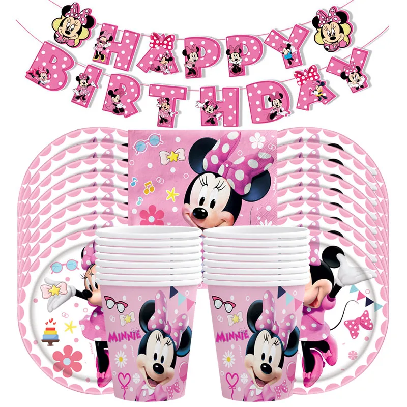 

8/16 People Minnie Mouse Themed Party Cutlery Plates Paper Cups Napkins Tablecloths Birthday Party Decorations Baby Shower