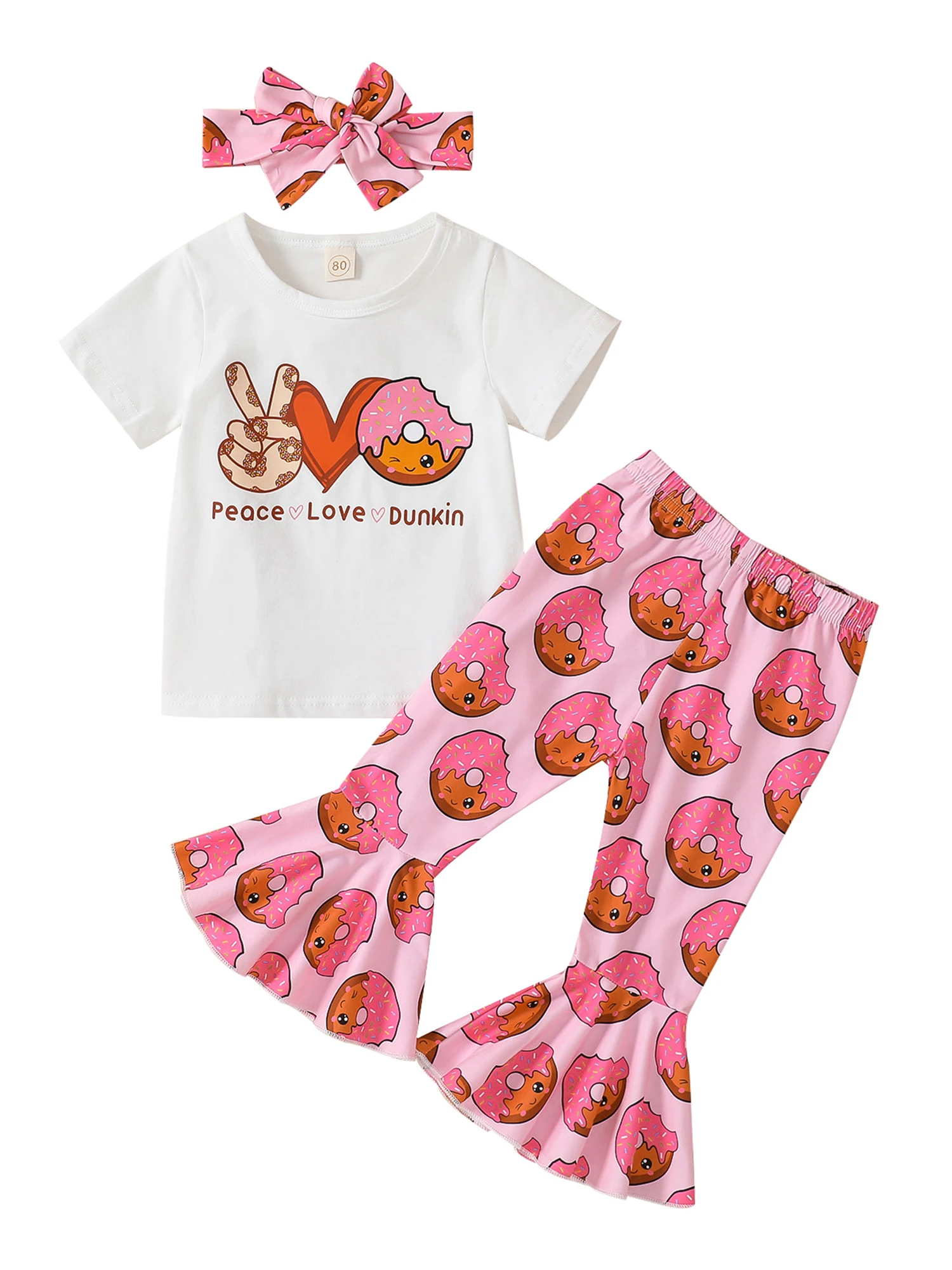 

Летняя одежда для маленьких девочек 3 шт., топы с коротким рукавом и буквенным принтом в виде пончика, расклешенные брюки с колокольчиками, к...