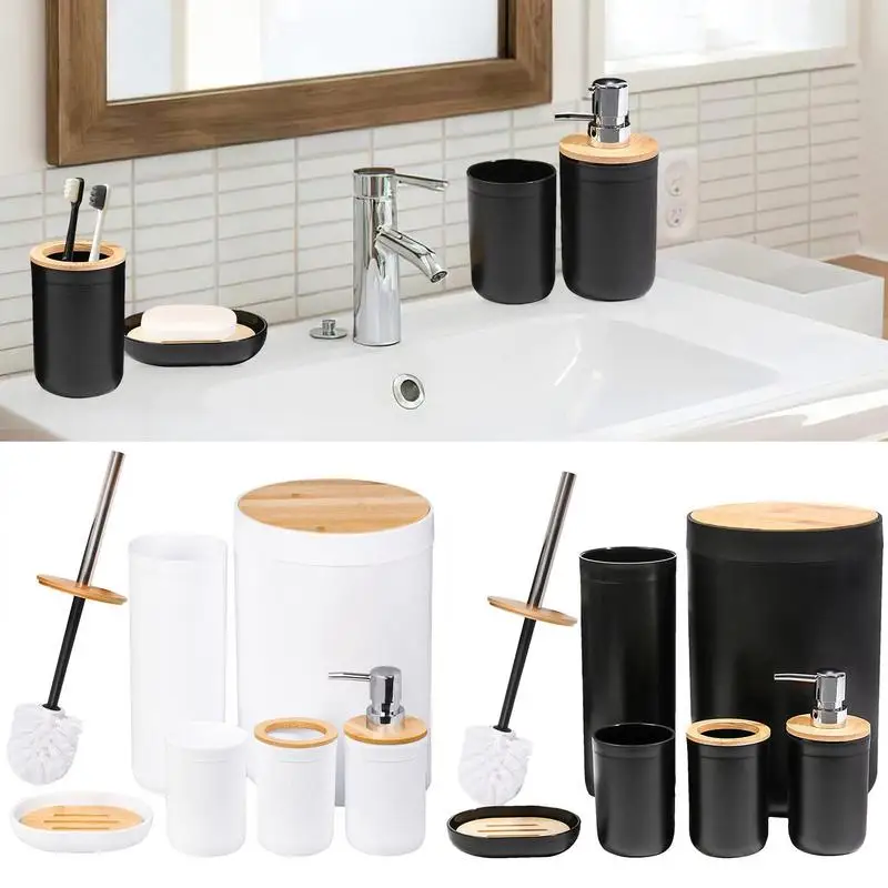 

6Pcs Bathroom Accessories Set Countertop Organizer Lotion Bottle Soap Dish Toothbrush Holder Toilet Brush Trash Can Tooth Mug