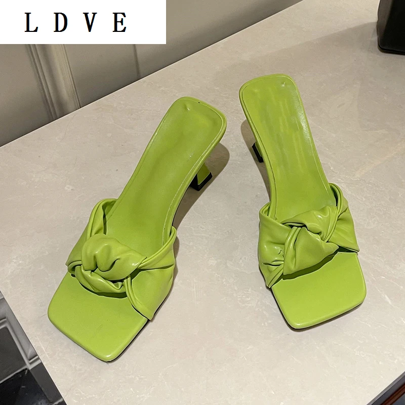 

Fashion Open Toe Thin High Heel Slippers Concise Solid PU Pleated Butterfly-Knot Decoration Summer Sandals Leisure Mules