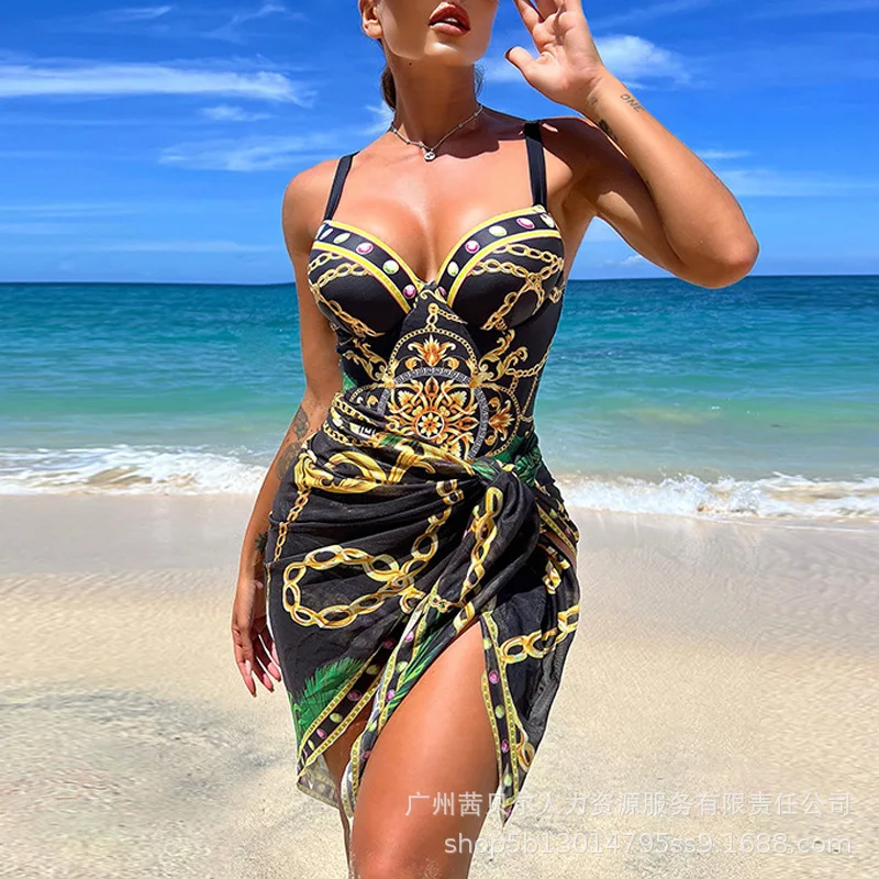 

Baroque Chain Print One Piece Swimsuit with Cover Up Two Piece Set Bikinis Set Women Swimwear Summer Sexy Beach Party New 2023
