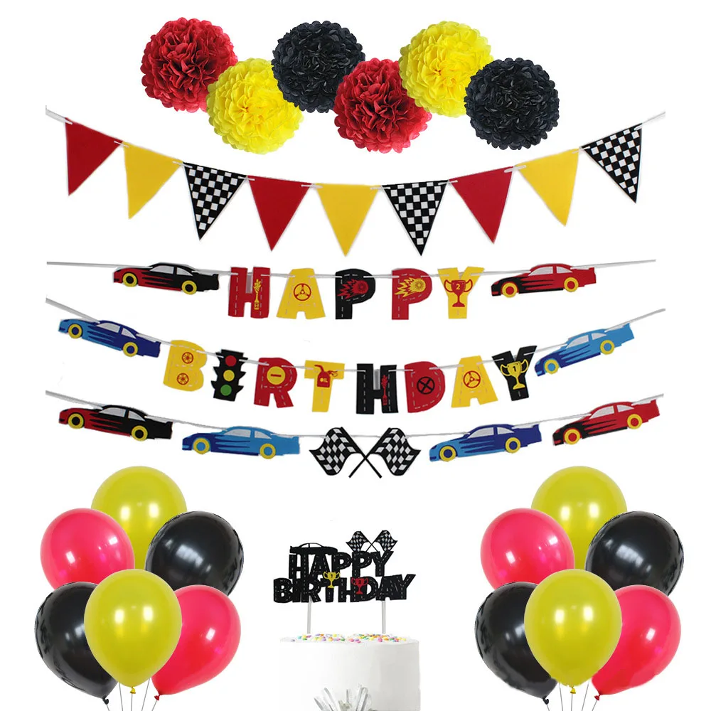 

JOLLYBOOM Racing Theme Party Red Black Yellow Balloon Set Triangle Racing Banner Pom Poms for Boys Birthday Decoration Supplies