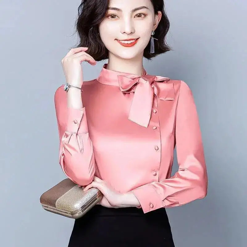 

Elegant Stand Collar Solid Color Lace Up Bow Satin Blouse Women's Clothing 2022 Autumn New Casual Tops Loose Office Lady Shirt