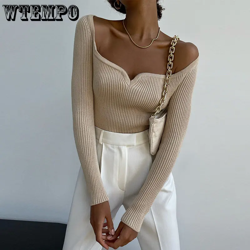 

Sexy Knitted Sweaters Women Autumn Winter Long Sleeve Square Neck Sheath Pullovers Lady Casual New Fashion Green Y2K Slim Jumper