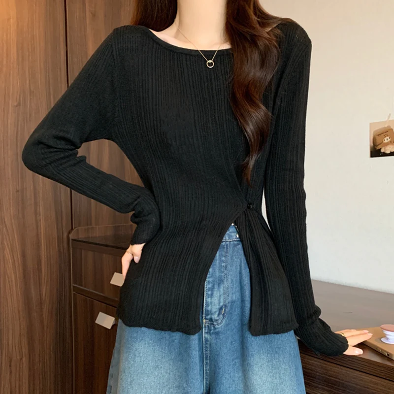 Design Side Slit round Neck Long sleeve Knit Women Autumn New Korean Sle Waist Hugging Slimming Stretch Bottoming Shirt