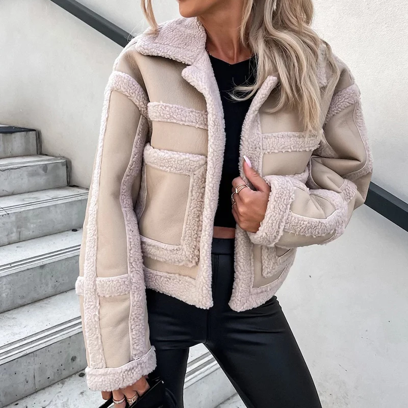 

Fall Female Turn Down Collar Stitching Leather Jackets Tops Elegant Women Long Sleeve Cardigan Outwear 2022 Warm Lamb Wool Coat