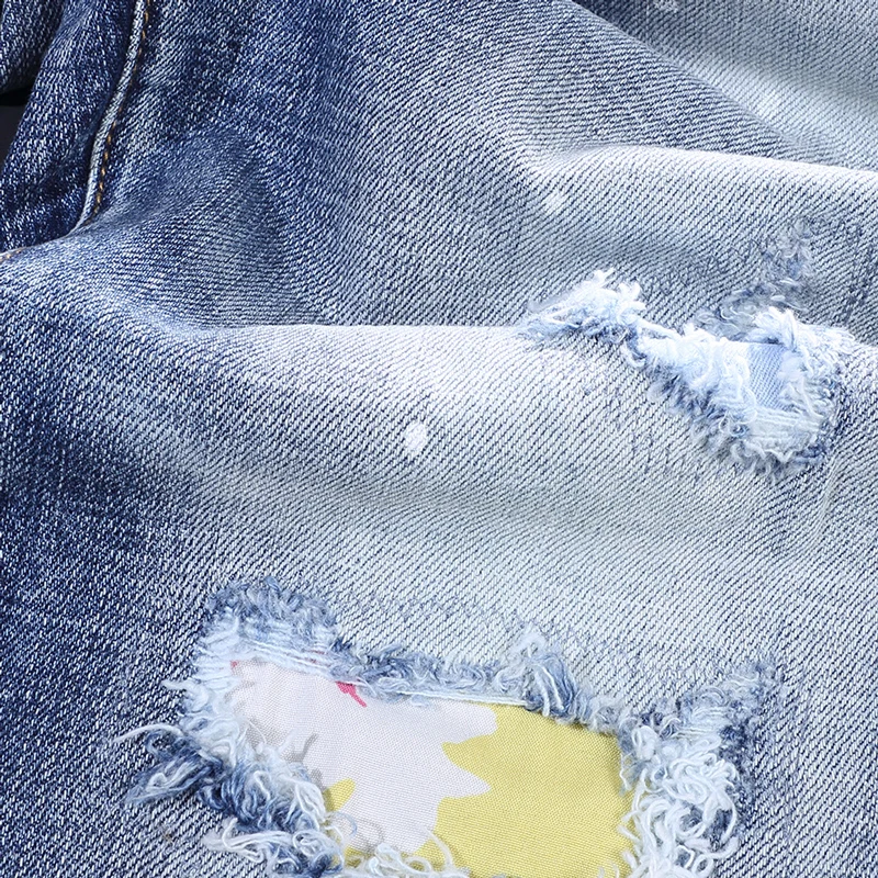 Street Fashion Designer Men Jeans Vintage Retro Light Blue Elastic Slim Fit Ripped Jeans Men Patched Hip Hop Brand Pants Hombre