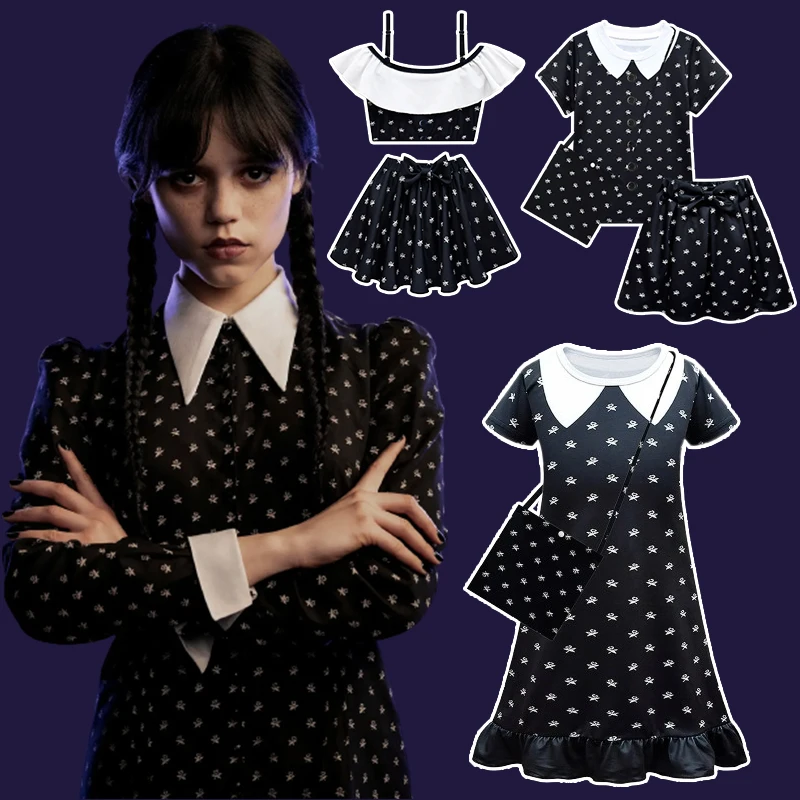 

Wednesday Addams Cosplay Dress for Girl Kids Movie Wednesday Cosplay Costumes Black Gothic Dresses Halloween Party Women Clothes