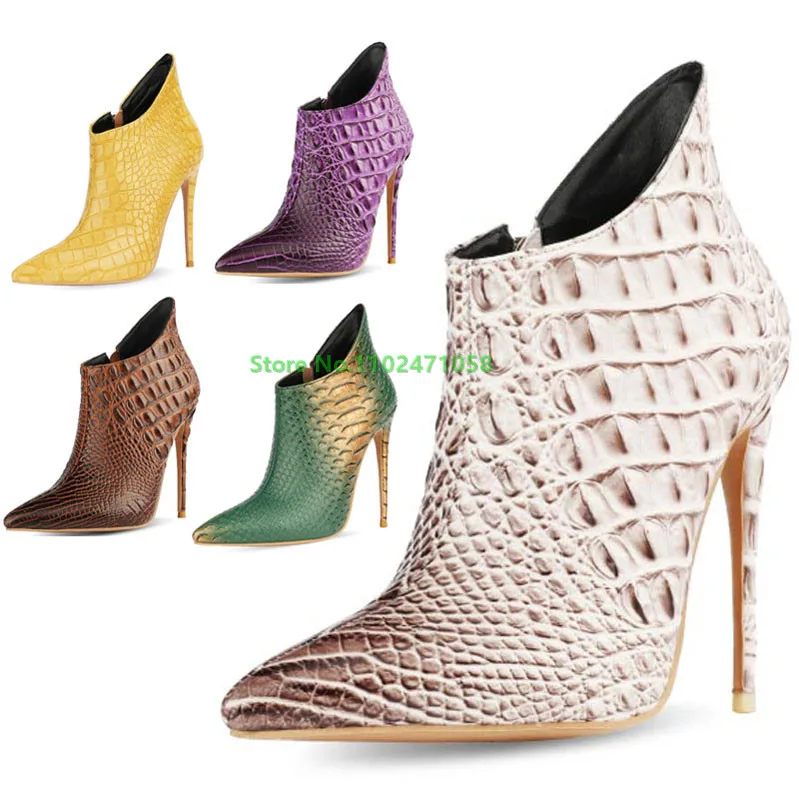 

Crocodile Grain Catwalk Women Ankle Boots Thin Heels Pointed Toe Short Shoes Ladies Hight Heels 12Cm Zipper Female Party Shoes