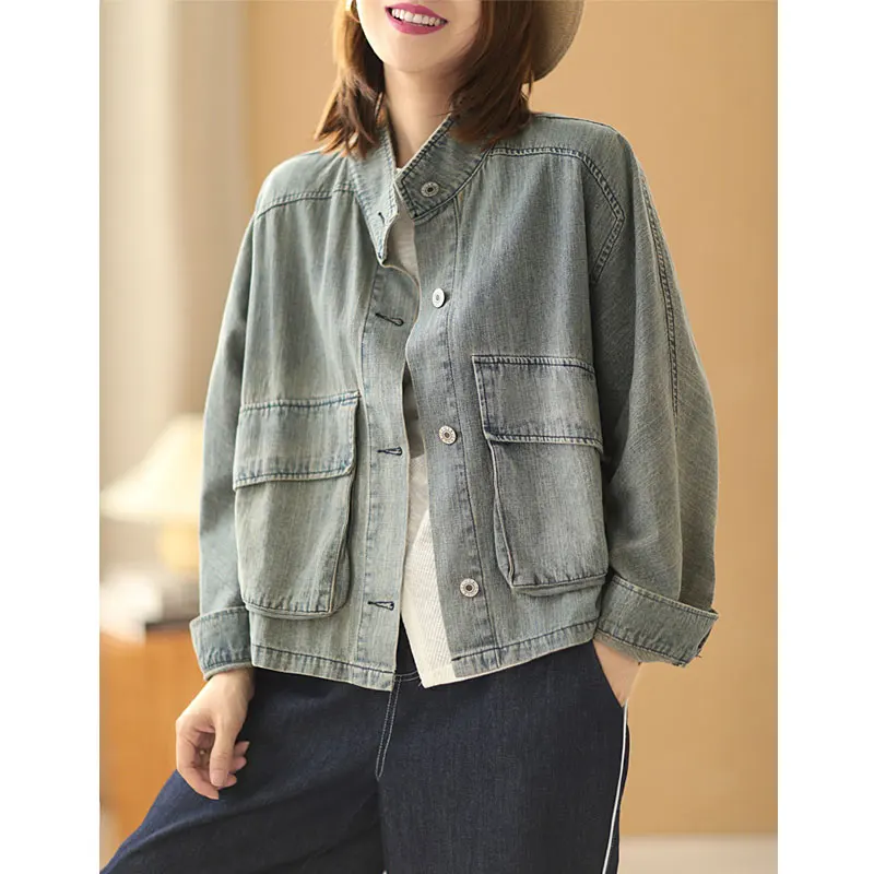 

New Spring Autumn Arts Style Women Long Sleeve Loose Short Coats Big Pocket Cotton Denim Casual Single Breaste Jackets
