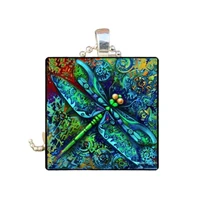 new color painted owl blue dragonfly insect glass square pendant necklace jewelry retro jewelry