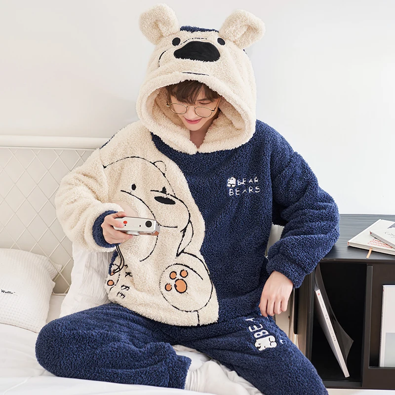 Couple Pajamas Set Women Men Winter Thicken Hoodies Pyjamas Sleepwear Cartoon Bear Kawaii Adult Warm Pijamas Suit Nightdress