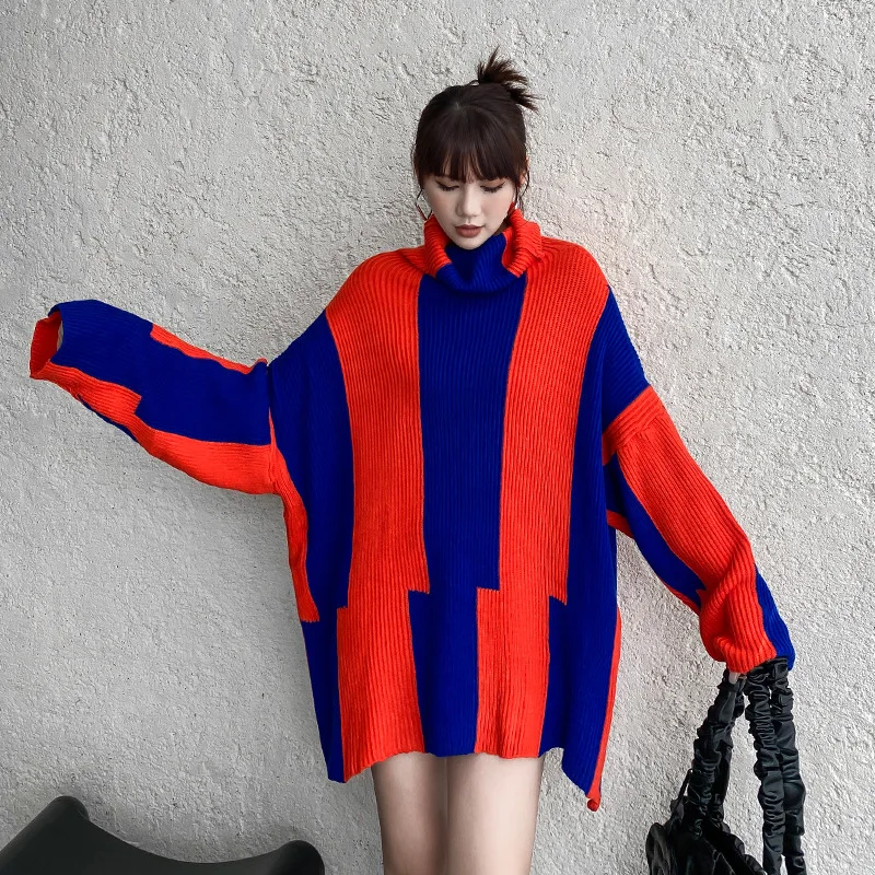 

SuperAen European Style Asymmetric Contrast Color Sweater Women's Autumn and Winter 2022 Thick Turtleneck Loose Pullover Sweater