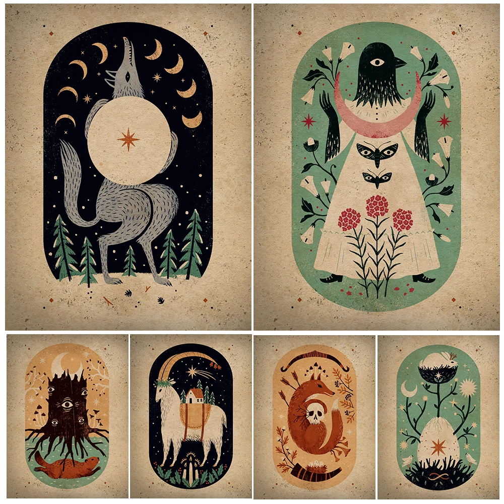 

Moon Witch,Winter Goddess,Death,Crow Wizard Vintage Wall Art Canvas Painting Witchcraft Element Art Poster And Print Decoration