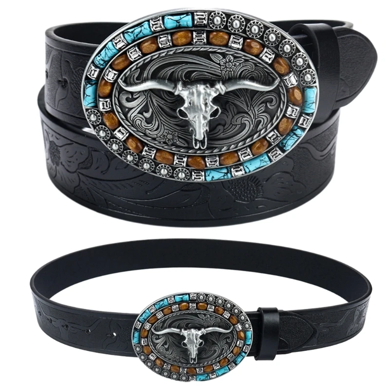 Fashion Men Teens Relief Bull Head Waist Belt PU-Leather Adjustable Cowboy Belt