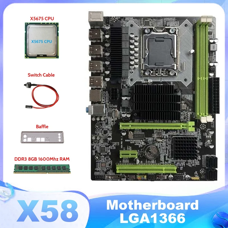 

Материнская плата X58 LGA1366, компьютерная материнская плата с поддержкой RX, графическая карта с процессором X5675 + DDR3 8 Гб 1600 МГц ОЗУ + кабель переключения