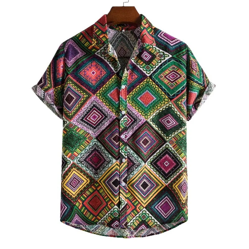 

2022 Summer Mens Shirts Vintage Rhombus Ethnic Pattern Colorblock Lapel Short Sleeve Shirt for Men Hawaiian Shirt Casual Tops