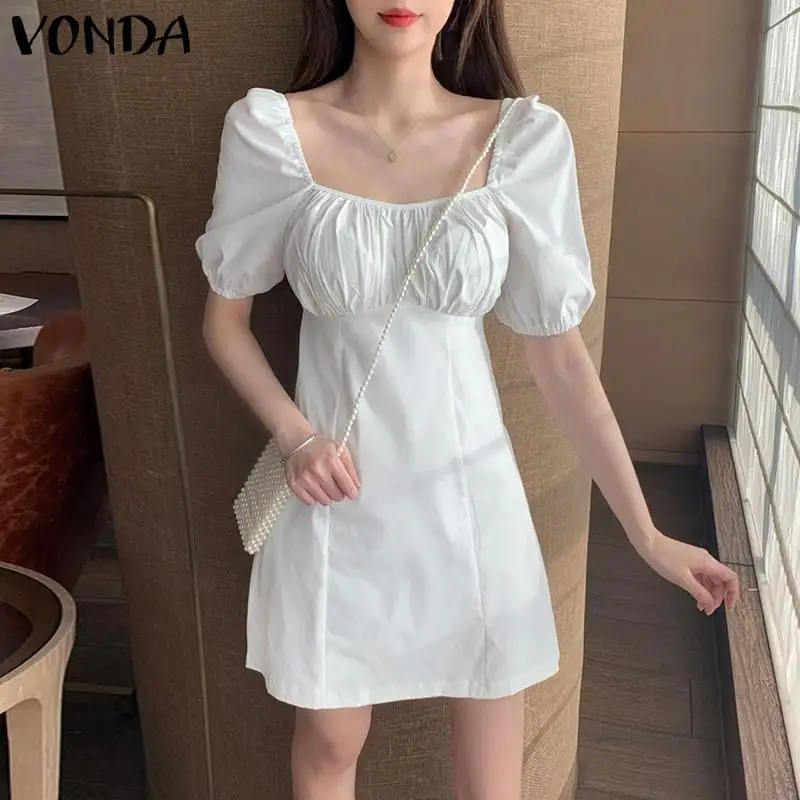 

Летнее платье с коротким рукавом 2022 VONDA, Женская Повседневная Однотонная рубашка, мини-платье, праздничный вечерний сарафан, повседневные п...