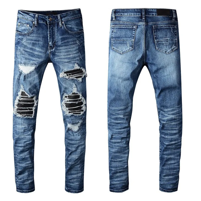 Men's PU Leather Patchwork Ripped Biker Jeans Patch Slim Skinny Stretch Denim Pants for Men