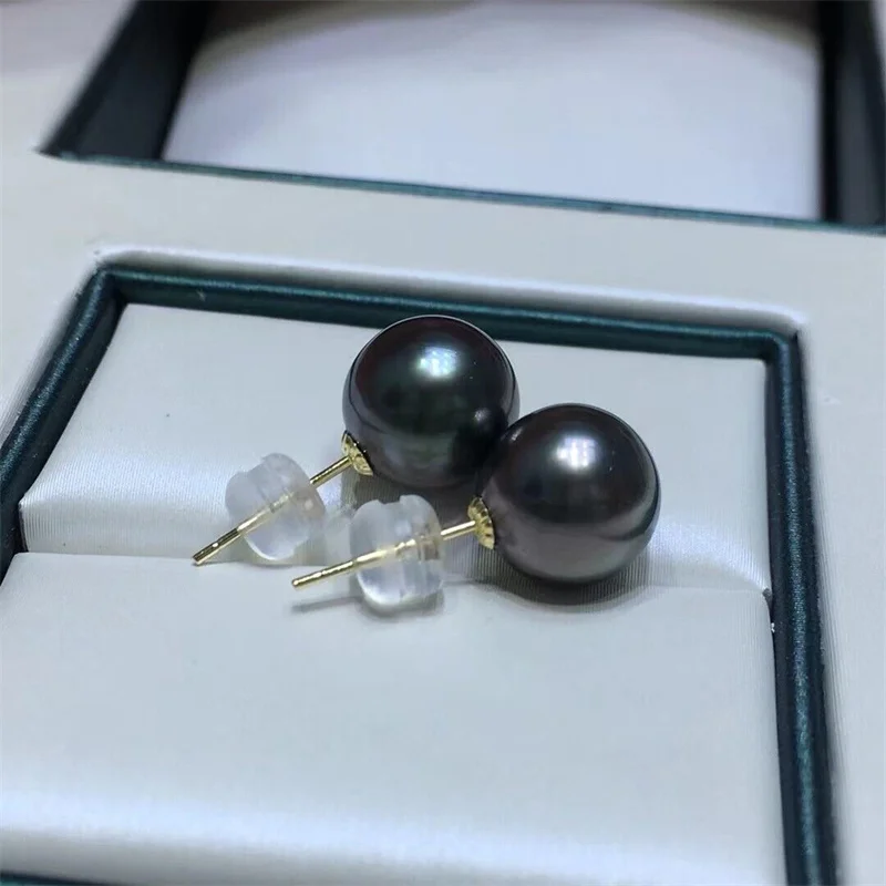 

AAA 9-10 мм натуральные круглые серьги из таитянского черного жемчуга