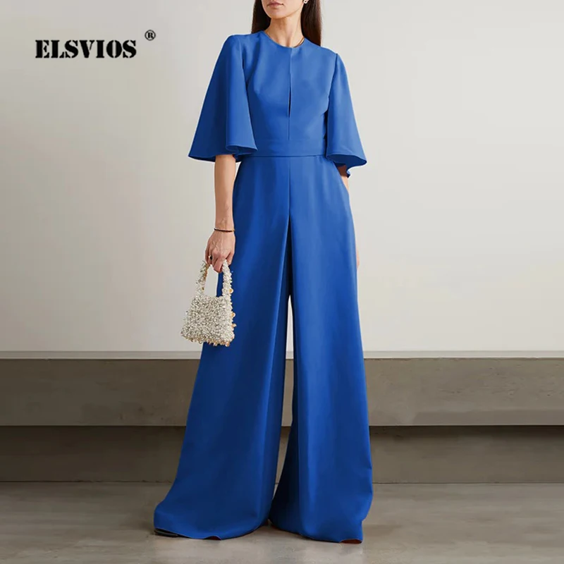 

Комбинезон женский однотонный с круглым вырезом, Элегантный Модный ромпер с короткими рукавами, брюки с завышенной талией и широкими штанинами, лето