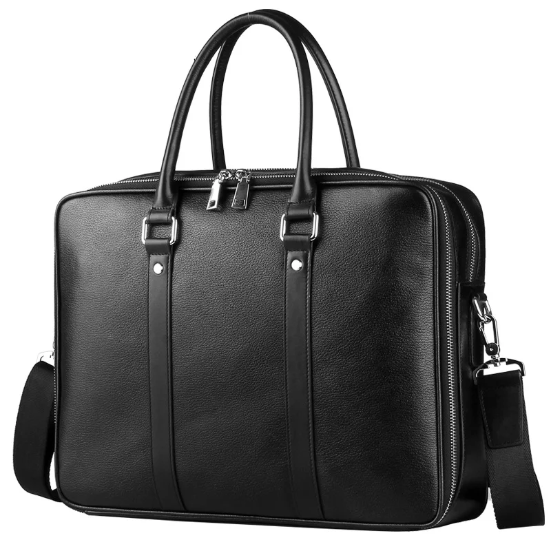 Top Genuine Leather Men Briefcase Portfolio Crossbody Messenger Laptop Bag for Office Working Business Black Fashion Pack