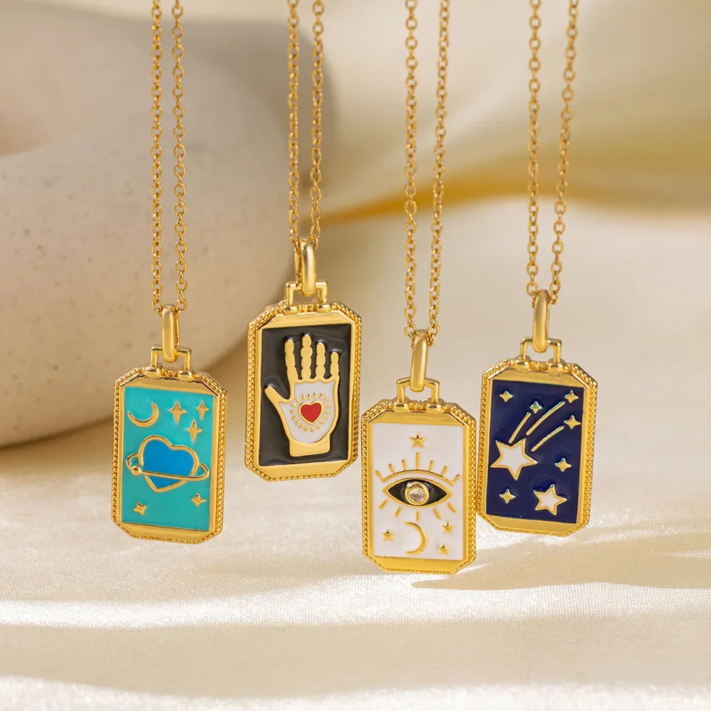 Сглаз Рука Луна Звезды Прямоугольное Ожерелье 18 К Позолоченный Цирконий CZ