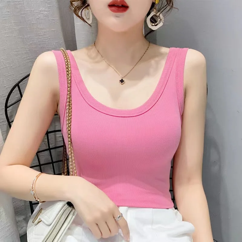 Threaded Design Cotton Solid Color Women's Outer Wear Vest 2022 Summer New Slim Fit Suspenders Inner Sleeveless Bottoming Shirt