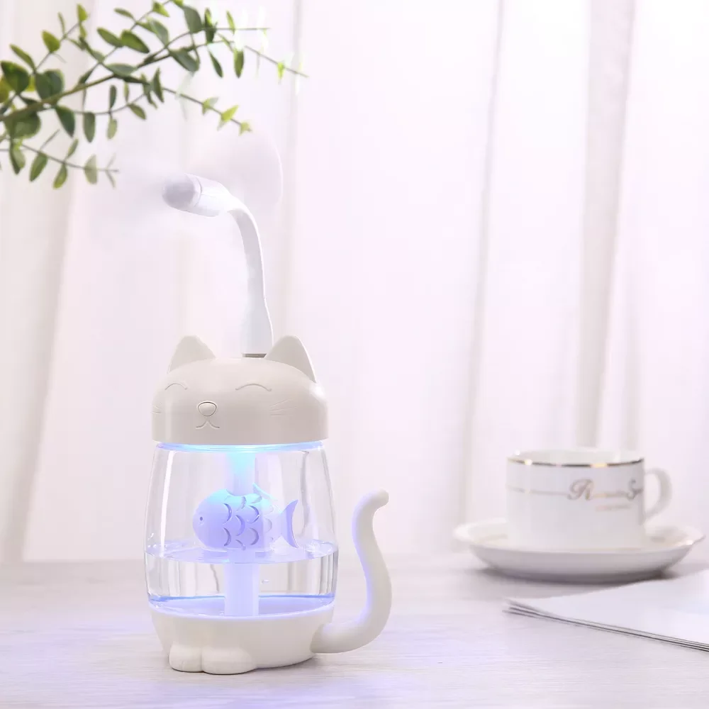 Cat Air Humidifier With Color LED Light Ultrasonic 3 In 1 Adorable Cat Eat Fish Humidificador USB Aroma Diffuser Fogger