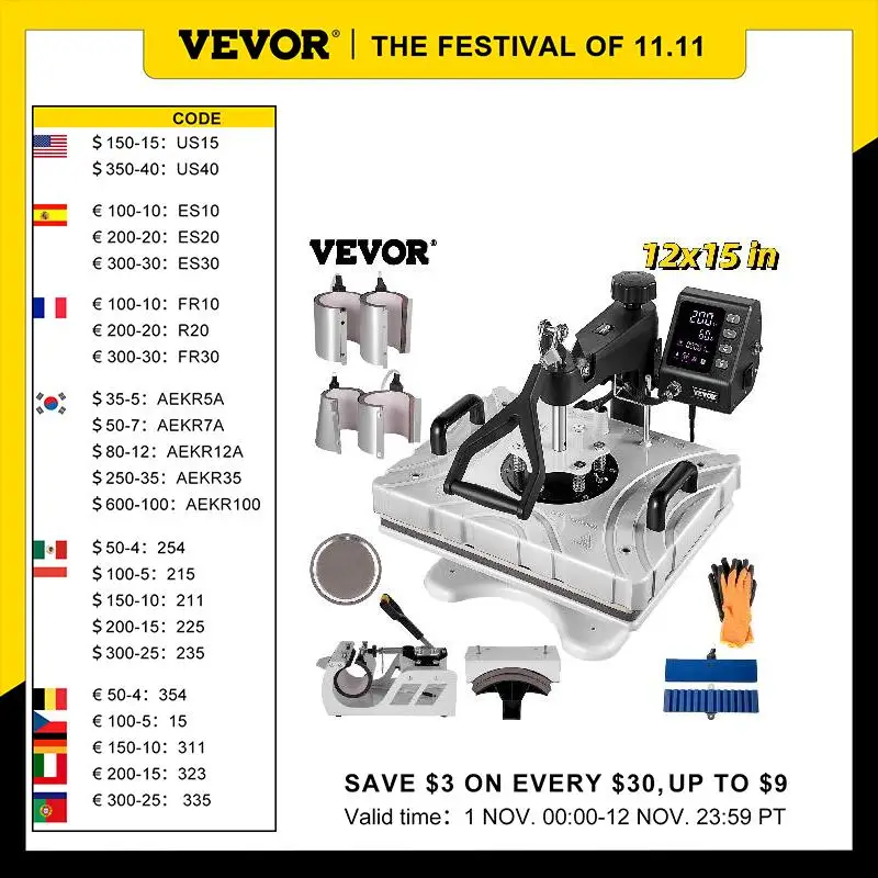 

VEVOR 8-in-1 10-in-1 Heat Press Machine 12 X 15 Inch Red Black White 360 Degree Swing Away Design Sublimation for Cap Mug