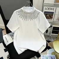 white tee 2022 womens korean style shining diamond embedded chain off shoulder round neck short sleeved t shirt summer new top
