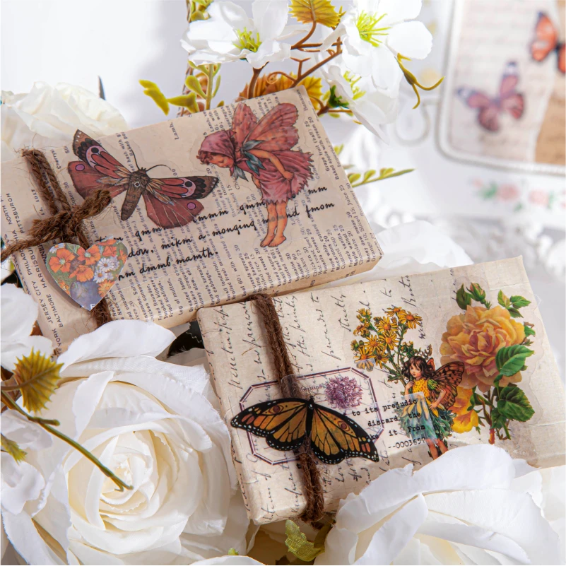 

20Packs Wholesale Stickers Elf girl fairy Retro Butterfly Flower literary Adhesive Cut book handmade Decorative material 6CM