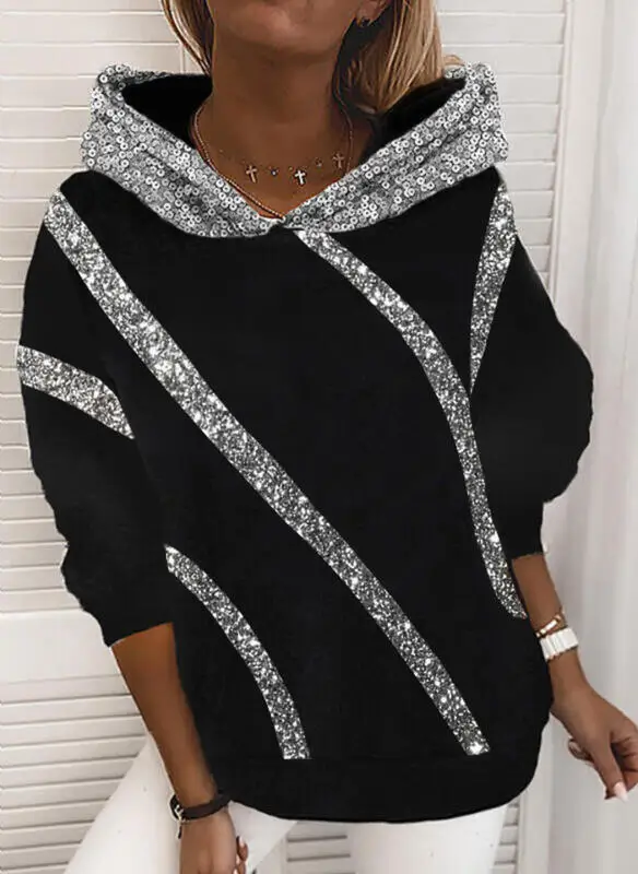 

Autumn and winter sequin printed loose hooded sweater women