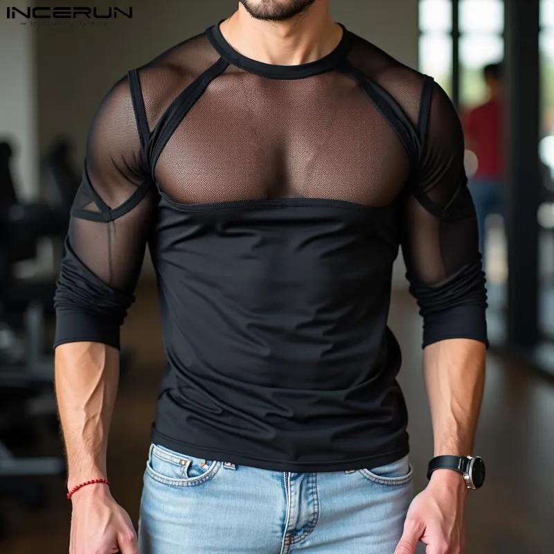 Топы в стиле вечеринки INCERUN 2024 мужская сексуальная сетчатая однотонная футболка