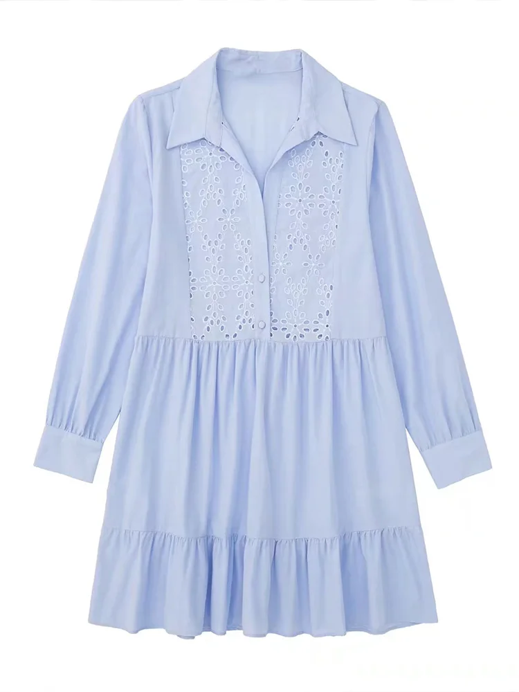 

ZAA Summer 2022 New Ladies Chic V-neck Single Breasted Button-down With Cut-out Embroidery Vintage Casual Long Sleeve Mini Dress