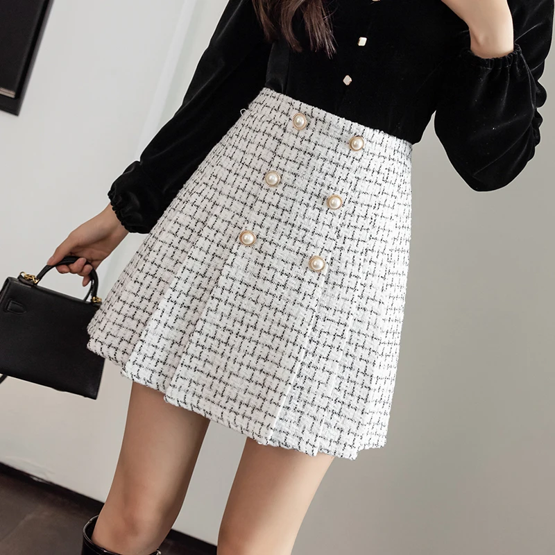 

Vintage Plaid Tweed Skirts Korean High Waist Mini Skirt Woolen Skirt Slim Casual Autumn Pleated Skirt Pearls Buttons Elegant OL