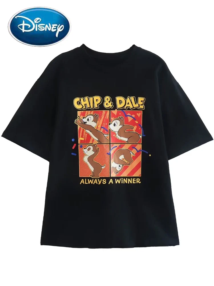 

Disney T-Shirt Fashion Chip 'n' Dale Chipmunk Letter Cartoon Print Cute Women Black T-Shirt O-Neck Short Sleeve Casual Tee Tops