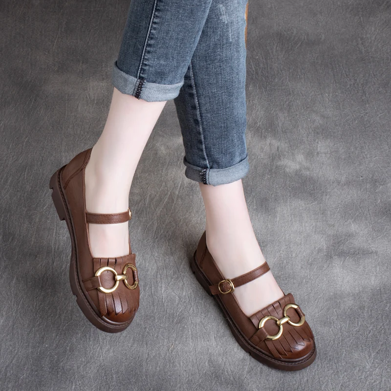 

Mary Jane Leather Shoes Women Low Heels Spring Pumps for Girls Handmade Genuine Leather Women Shoes Sweet Style Retro Brand2022