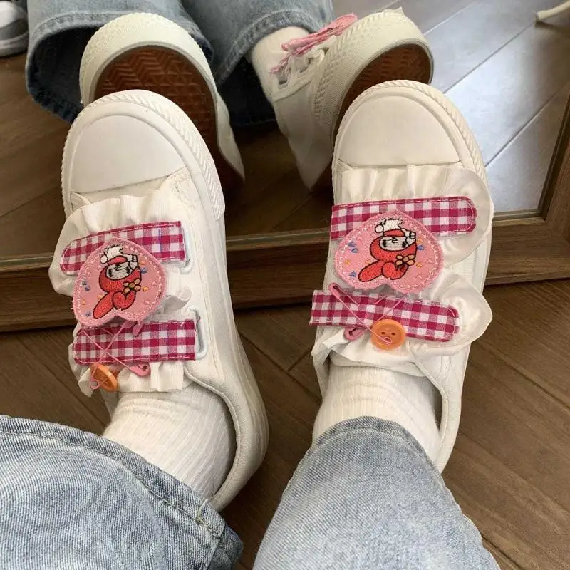 

Sanrio My Melody Canvas Shoes Girl Cartoon Kawaii Velcro Embroidery Grid Cute Original Preppy White Shoes Girl Birthday Gift