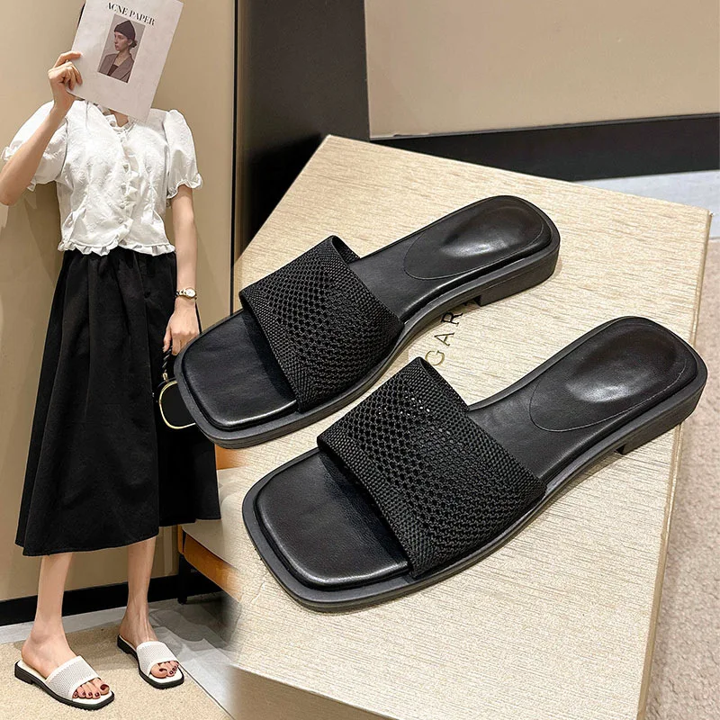 

Female Shoes Square Toe Slippers Flat Slides Summer Clogs Woman Low 2023 Massage Beach Soft Basic Hoof Heels Fretwork Fabric Cas