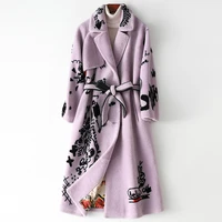 2022 winter super thick warm fur integrated womens printed wool fur lavender long coat with belt wool single breasted jacket