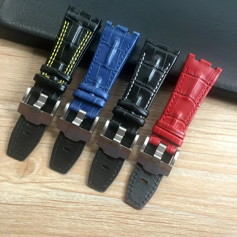 

28mm*22mm(buckle) Black With White Yellow stitches Red Blue Genuine leather watchband for AP Watch Strap men bracelet