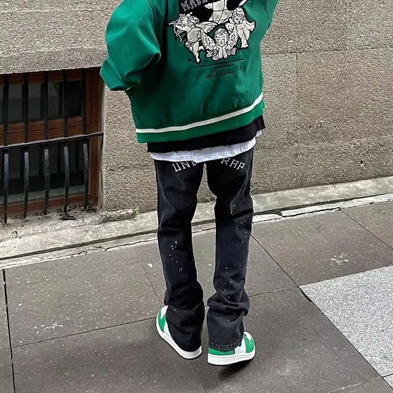 2022 High Streetwear Letter Embroidery Baggy Men Flare Jeans Pants Straight Hip Hop Black Vintage Denim Trousers Pantaloni Uomo