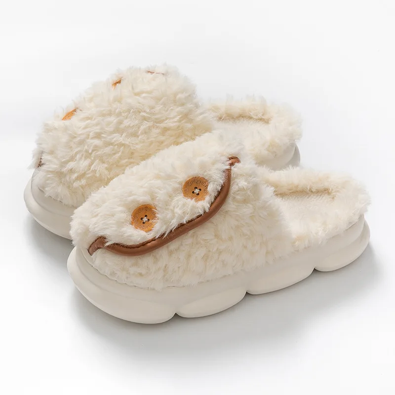 Stylish Button Slipper For Women Fur Mules Fuzzy Home Shoes Female Platform Fluffy Slippers Woman Indoor Fury Slides Shoes House