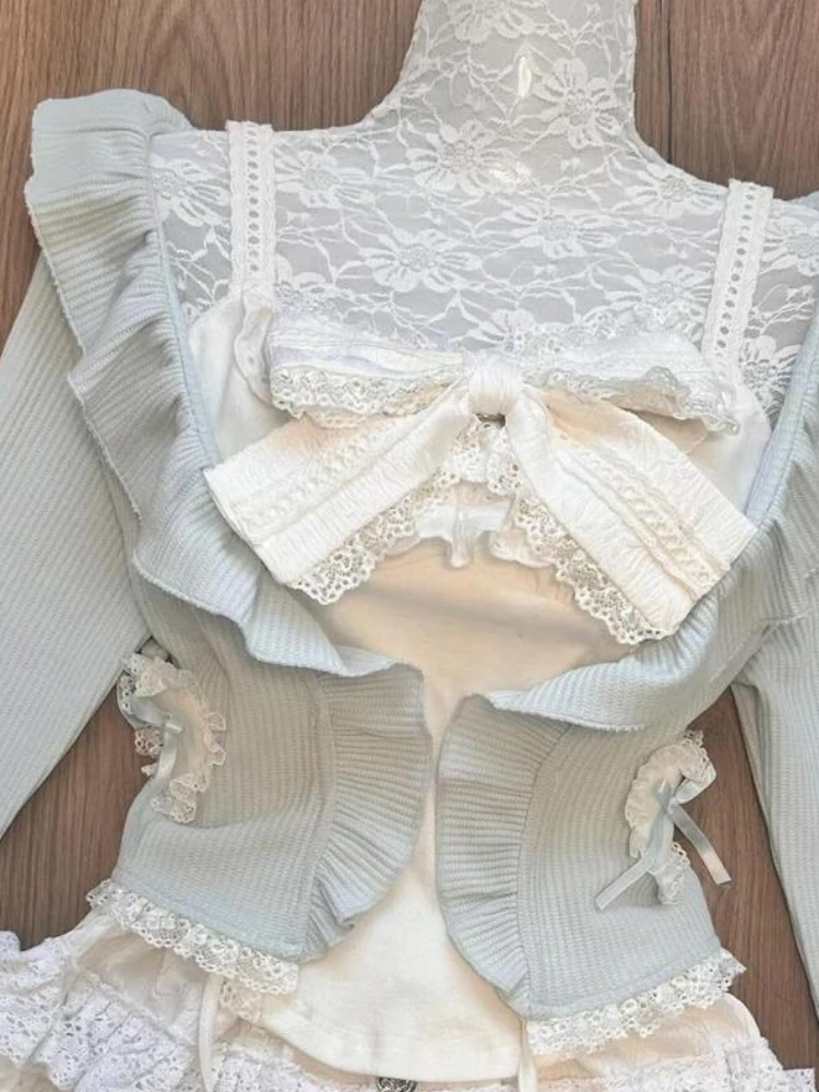 Милый комплект из 3-х предметов для женщин Harajuku кардиган с рюшами + кружевной