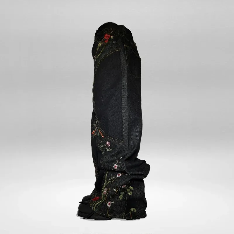Фото Джинсы Y2K Blossom Baggy с модной цветочной вышивкой, облегающими швами, унисекс, уличный стиль, ретро, в стиле Харадзюку, свободный крой, оверсайз №3